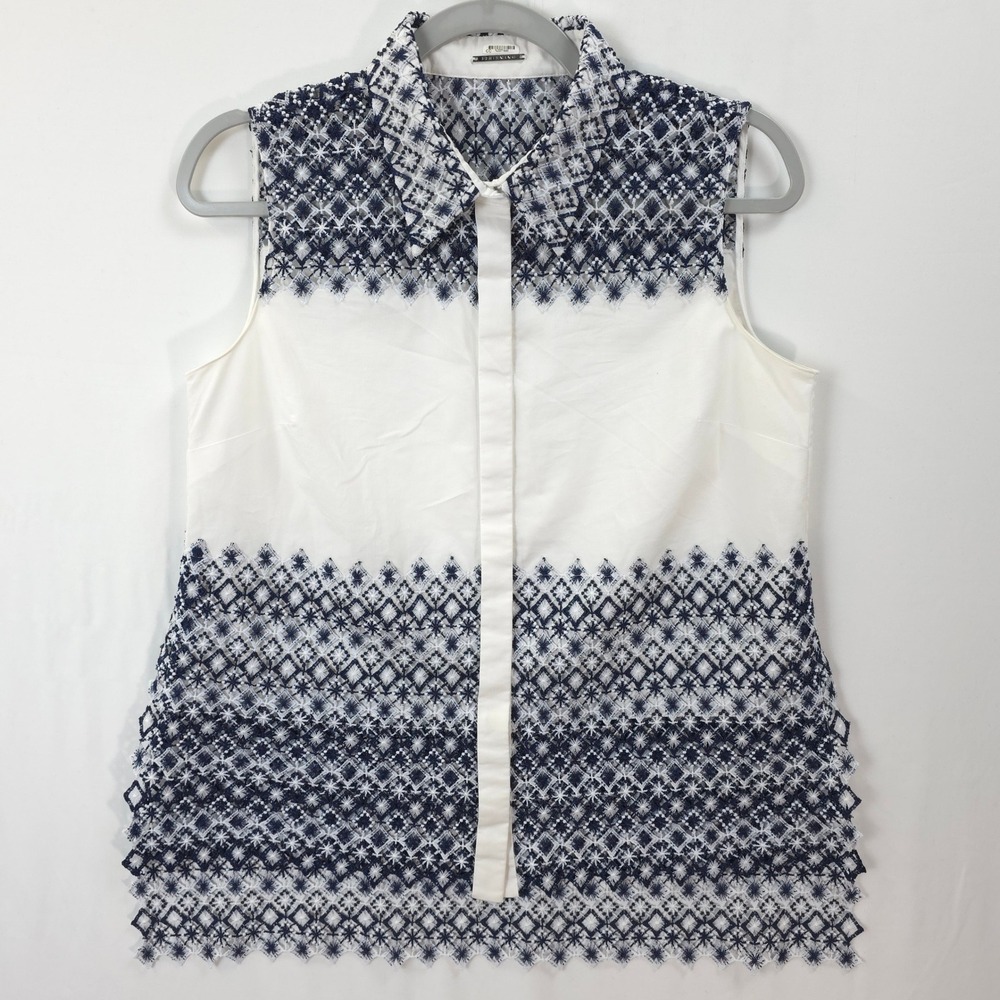 Elie Tahari Sleeveless Lace Eyelet Blouse White Blue‎ Top Women M Coastal Preppy